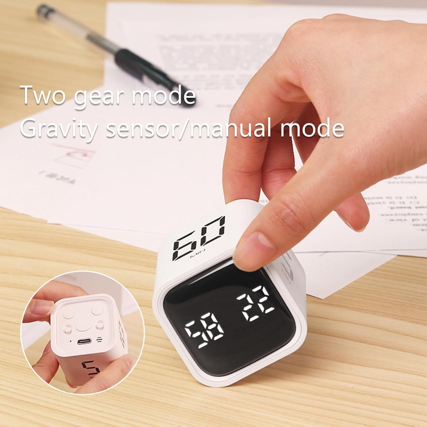 Digital Cube Pomodoro Timer Desk Rechargeable Productivity Timer 5/10/30/60min & Custom Countdown, Vibration & Adjustable Sound Alarm,for Task Work Kitchen ADHD Kids Studying (Black)