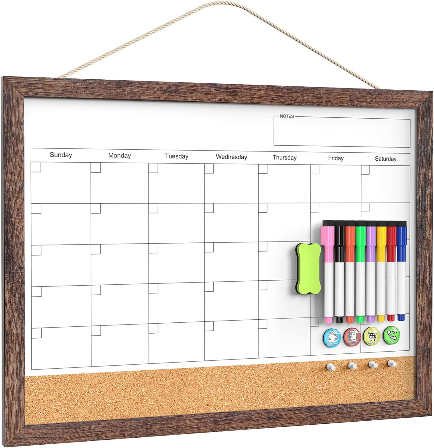 Calendar Whiteboard for Wall, TANKEE 17x13 Inches Whiteboard Calendar Cork Board Combo, Small Magnetic White Board with Wood Framed, Hanging Dry Erase Board for Kitchen Home Office School Planner