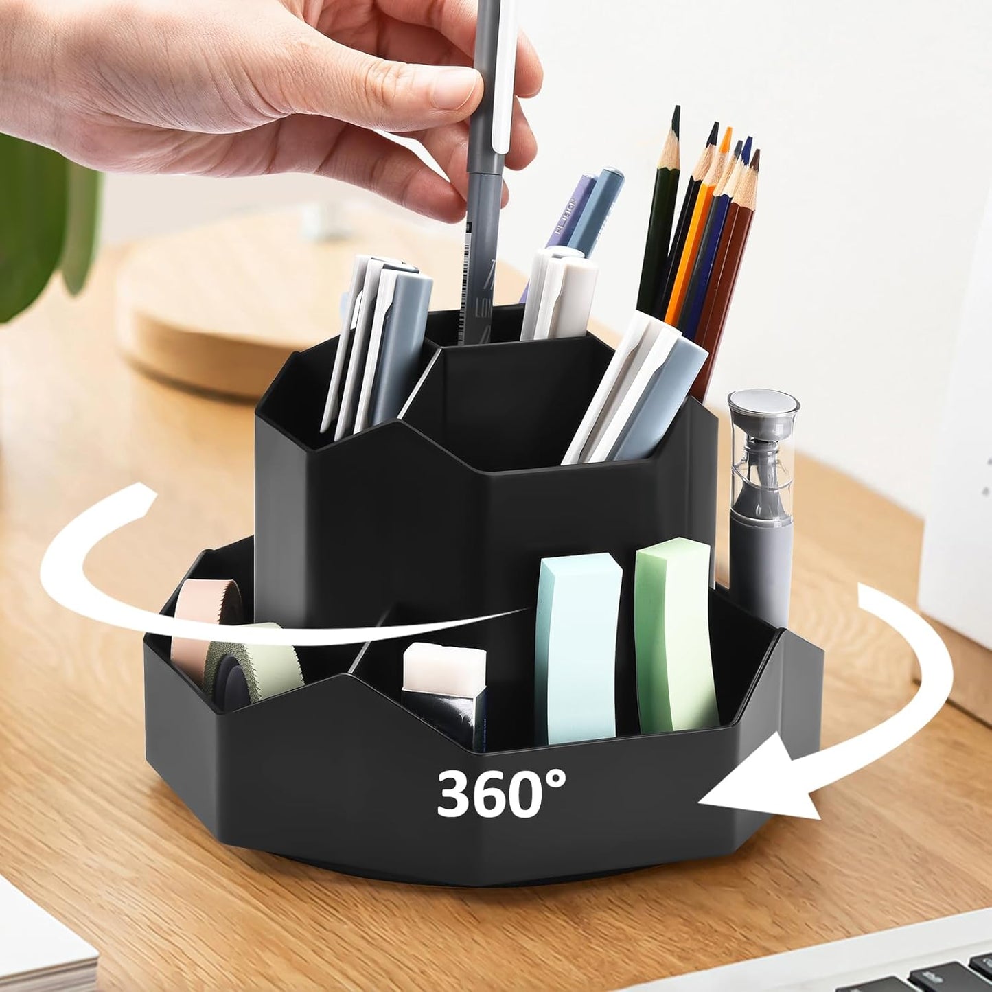 Rotating Desk Organizer, 360° Rotating Pencil Pen Holder for Desk, Desk Organizers and Accessories with 11 Slots Pencil Organizer, Art Supply Storage Box Caddy for Office (Beige)