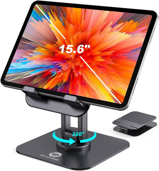 OCYCLONE iPad Stand, 360° Rotating Adjustable Foldable iPad Tablet Stand Holder for Desk Compatible with Kindle Tablet iPad 4" - 15.6" Portable Monitor Stand, Black