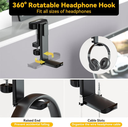 KDD 4 in 1 Desk Cup Holder - Clamp on Under Desk Headphone Hanger - Rotating Headphone Holder Detachable Pen Cup Holder Desktop Storage for Cup, Phone and Pen(Black)