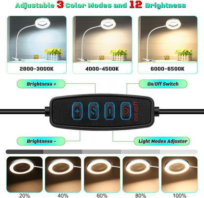 10X Magnifying Glass with Light, Clip on Mganifier with Light, 48 LED Desk Magnifying Glass wtih Clamp, 3 Modes Dimmable Magnifying LED Lamps for Bed Work Crafts DIY Repair