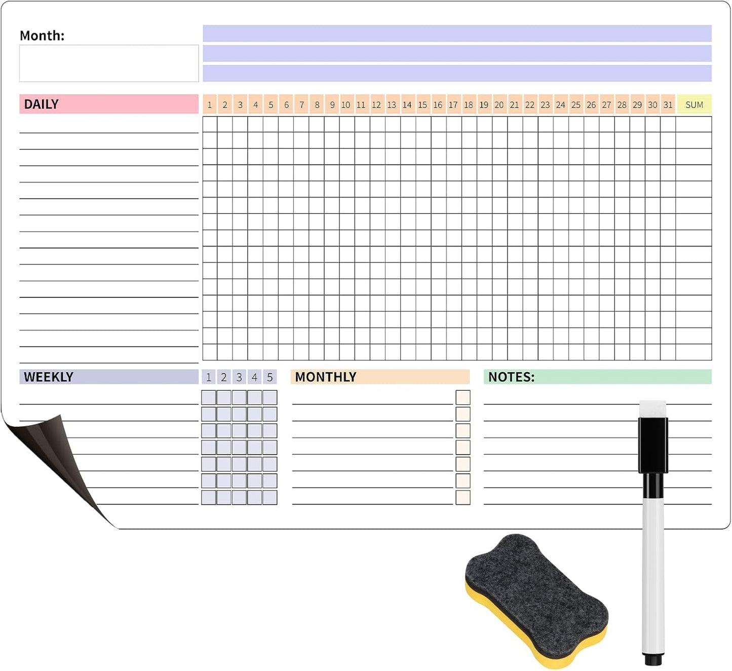 Habit Tracker Calendar Magnetic Whiteboard for Refrigerator Daily Weekly and Monthly Goal and Habit Tracker Motivational Goal & Planner Journal (Color)