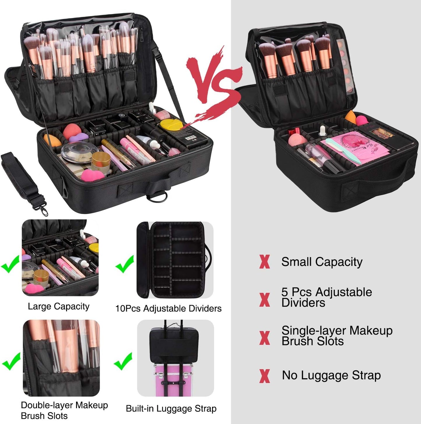 Relavel Makeup Case Large Makeup Bag Professional Train Case 16.5 inches Travel Cosmetic Organizer Brush Holder Waterproof Makeup Artist Storage Box, 3 Layer Large Capacity, with Adjustable Strap