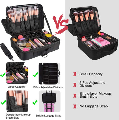 Relavel Makeup Case Large Makeup Bag Professional Train Case 16.5 inches Travel Cosmetic Organizer Brush Holder Waterproof Makeup Artist Storage Box, 3 Layer Large Capacity, with Adjustable Strap