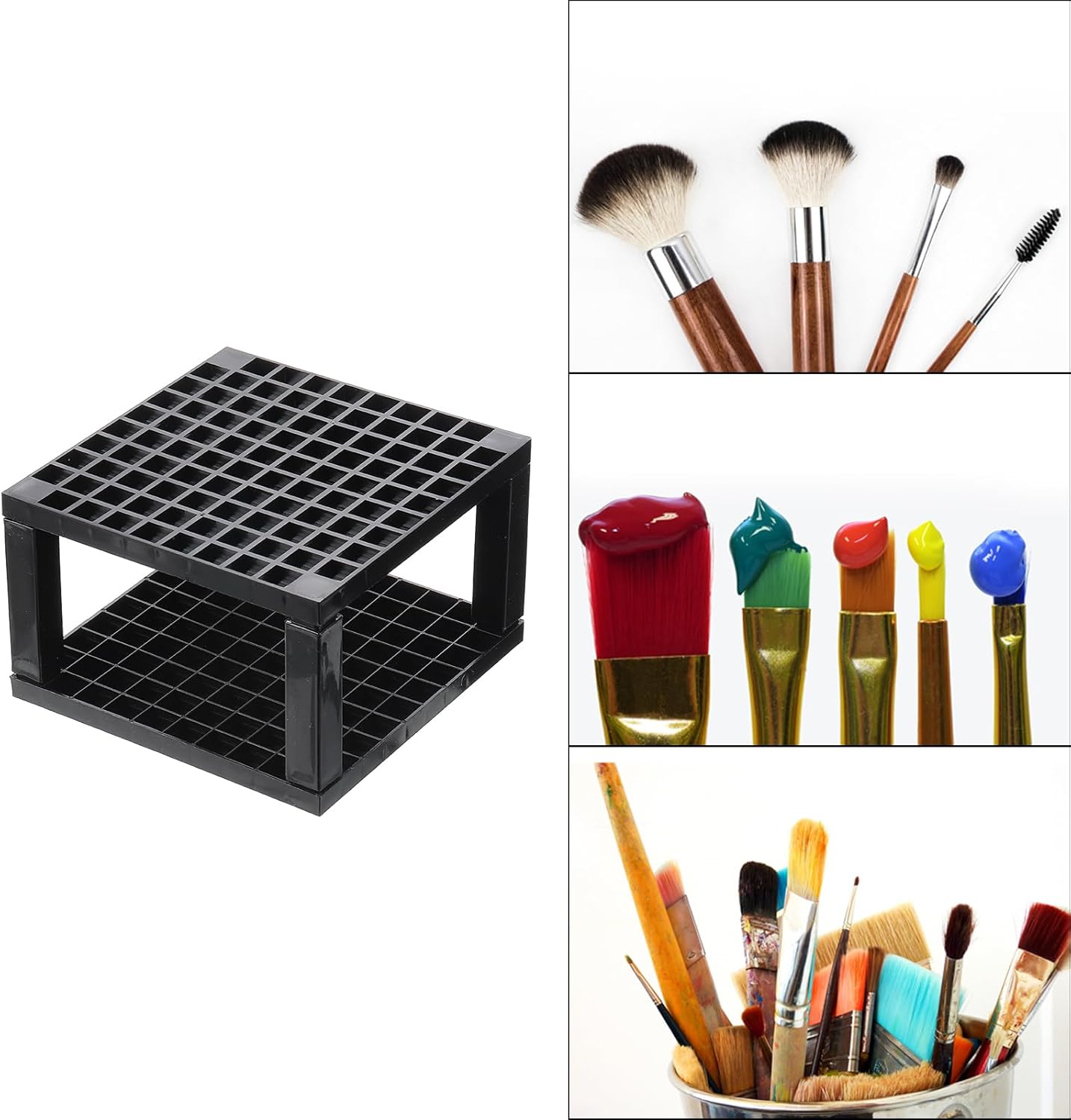 PATIKIL 2pcs Black Minimalist Square Paint Brush Holder, 96 Holes Plastic Storage Desk Stand for Artist Desk Makeup Pencil, Black
