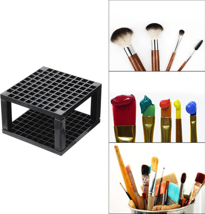PATIKIL 2pcs Black Minimalist Square Paint Brush Holder, 96 Holes Plastic Storage Desk Stand for Artist Desk Makeup Pencil, Black
