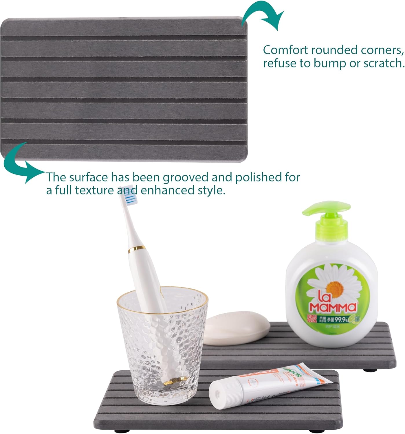 NiuYichee 2 PCS Water Absorbent diatomite Coasters, 8.3" x 4" Water Absorbing Stone Tray for Sink, Stone Drying mat for Kitchen Counter, Stone soap Tray Used for Hand Soaps & toiletries & Plants
