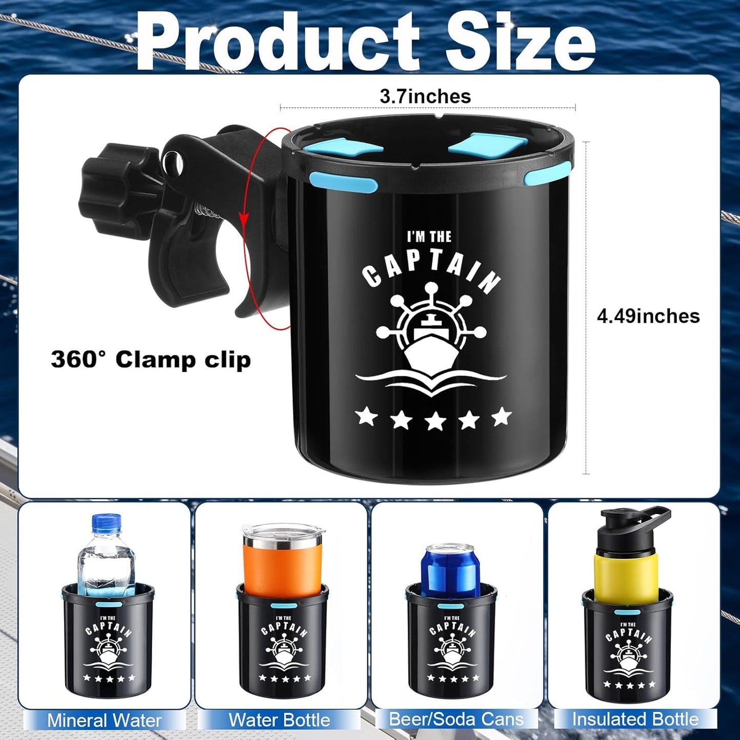 Teenyyou Marine Boat Rail Cup Holder No Drilling Drink Holder Clamp on Kayak Cup Holders Boat Accessories Gifts Install on Pole Grip Rail Grab Bar for Men