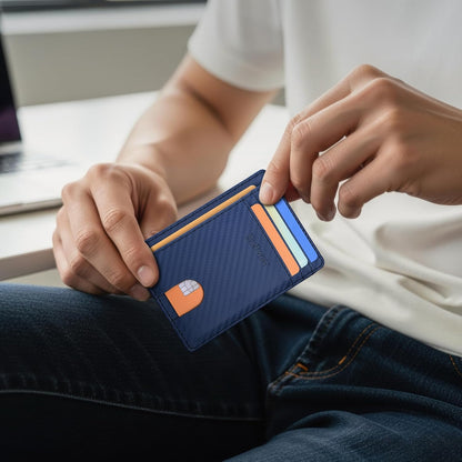 Buffway Slim Minimalist Front Pocket RFID Blocking Leather Wallets for Men and Women - Carbon Fiber Black - Colors B