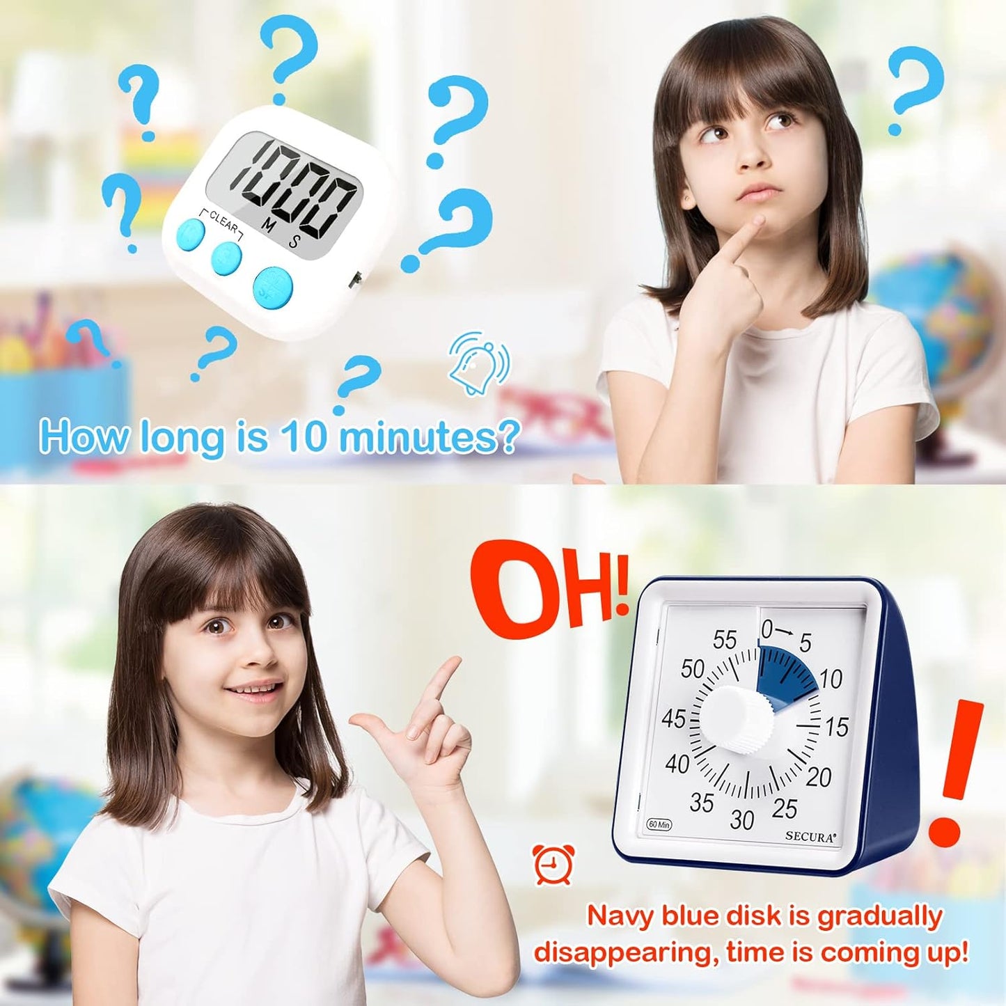 Secura 60-Minute Visual Timer, Classroom Timer, Countdown Timer for Kids and Adults, Time Management Tool for Teaching (Blue & Blue)