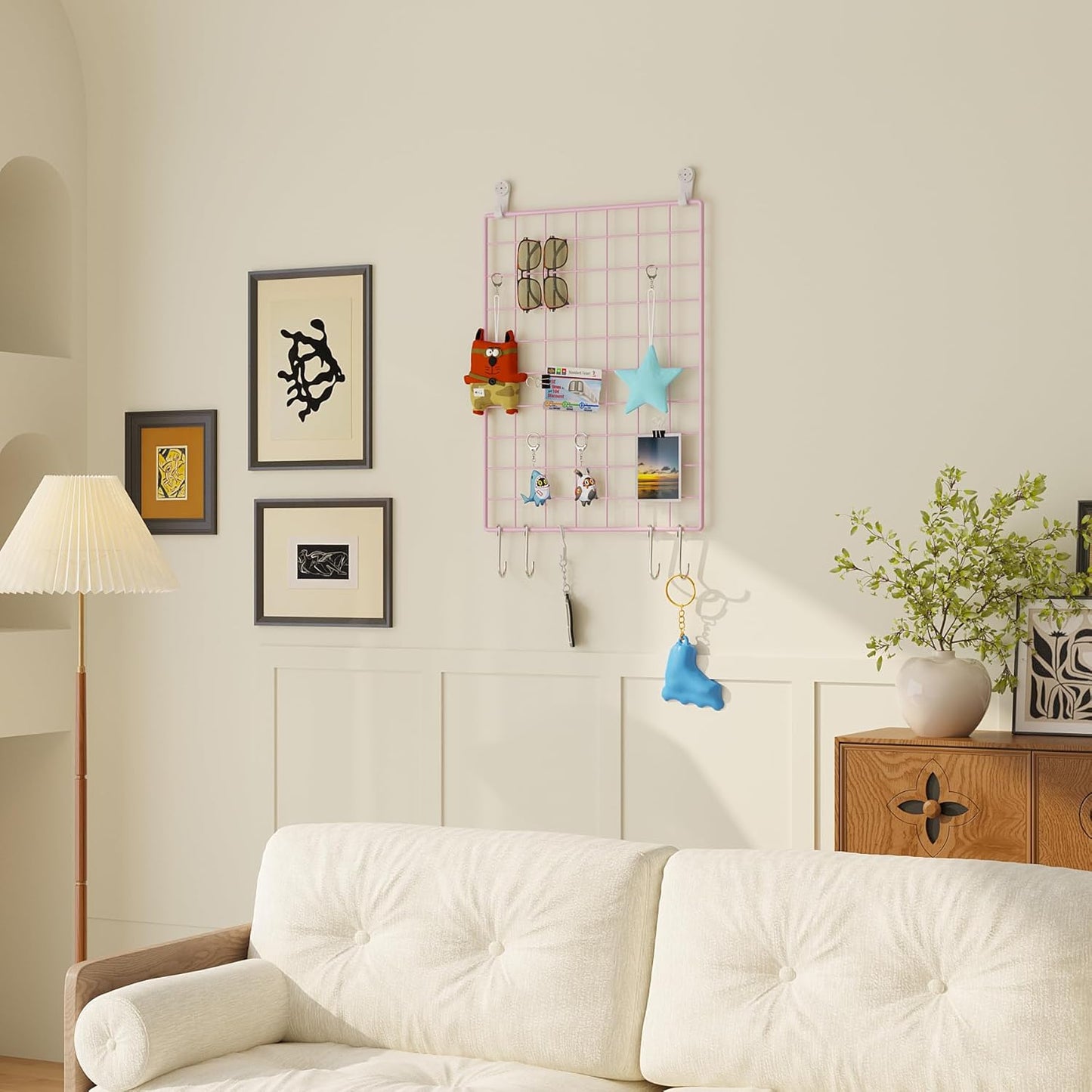 C&AHOME Photo Wall Display Set of 2, Grid Panel with Hooks, Clips, Hemp Cord, Hammer - 15.7" x 11.8", White UWWGM3402W