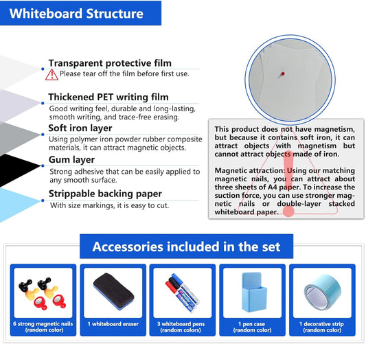Self-Adhesive Dry Erase Whiteboard Sticker, 31.50" x 15.75" Magnetic Receptive White Board Wall Film, No Ghosting, Easy Write & Clean | Peel & Stick for Office, Home & Classroom,Incl. Accessories