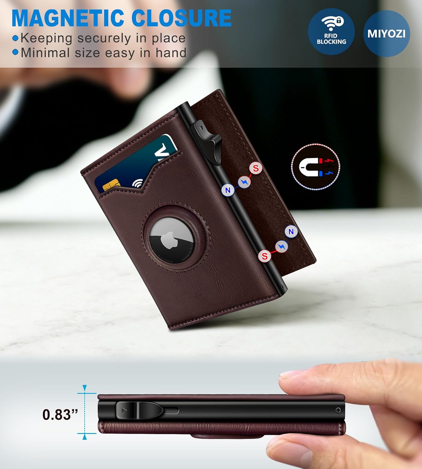 miyozi Airtag Wallet for Men,with Cash Pocket 2 ID Window 9-12 Cards,Metal Case Smart Slim Pop Up Credit Card Holder Flip with Magnetic Closure RFID Blocking Trifold wallet with Gift Box