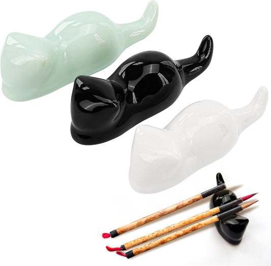 BuleVina 3PCS Paint Brush Rest Holder, Cute Cats Shape Stand for Chinese Painting Pen Chopsticks Sumi Brushes and Calligraphy, Porcelain Ceramic Oriental Art Supply (Black, White, Green)