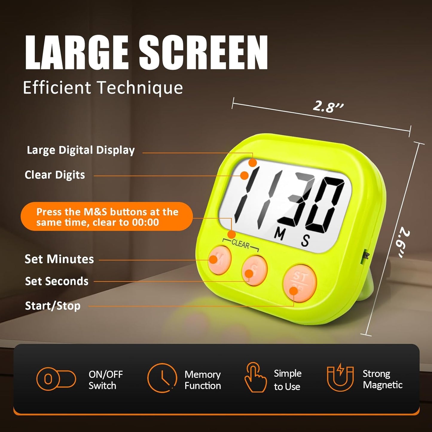 2 Pack Digital Kitchen Timer for Cooking Big Digits Loud Alarm Magnetic Backing Stand Cooking Timers for Baking White