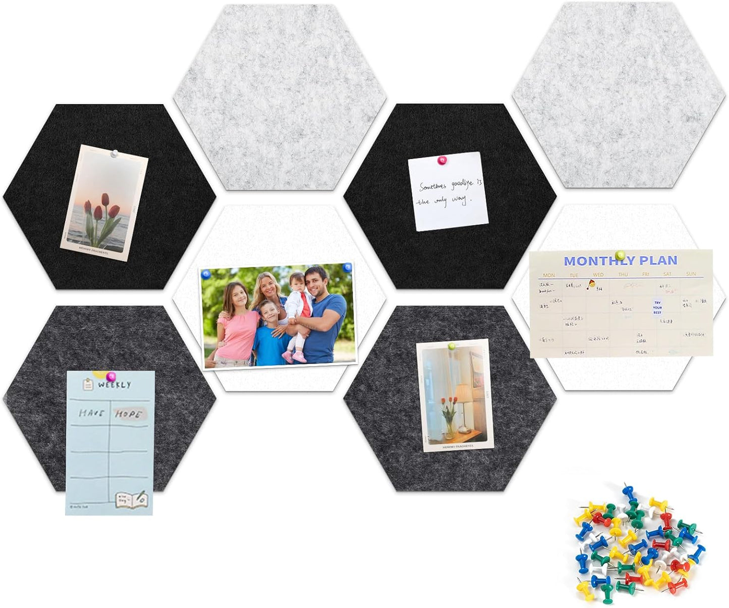 8 Pack Hexagon Felt Bulletin Board Tiles - 12" Large Thick Pin Board for Walls with 30 Push Pins, DIY Boards for Office Home School Decor, Aesthetic Hex Cork Board Alternative
