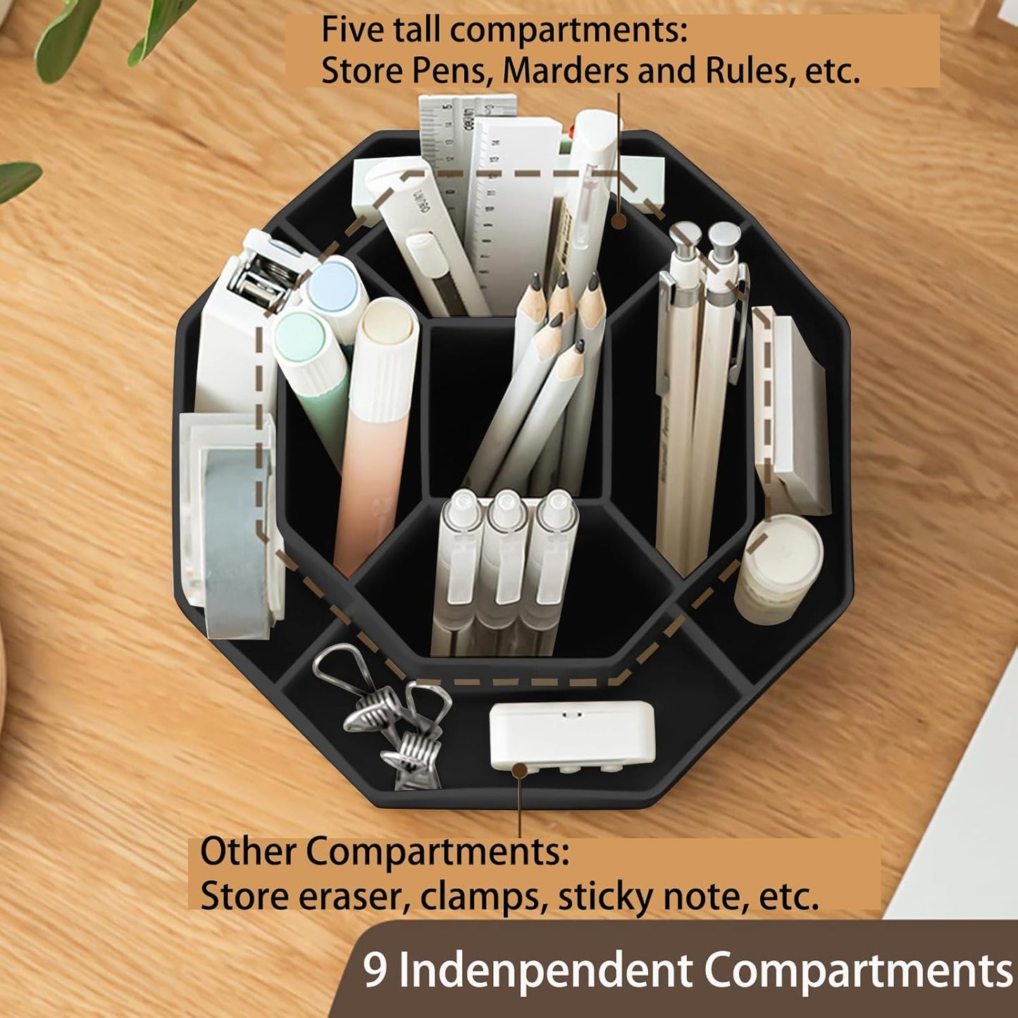 Rotating Desk Organizer, 360° Rotating Pencil Pen Holder for Desk, Desk Organizers and Accessories with 11 Slots Pencil Organizer, Art Supply Storage Box Caddy for Office (Beige)