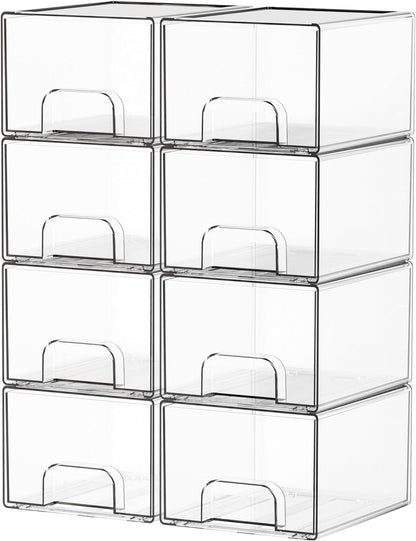 Yieach 8 Pack Small Clear Stackable Storage Drawers,2.2'' Tall Desk Organization and Storage,Plastic Office Supply Organizer,Acrylic Storage Containers for Makeup,Hair Clip,Accessory,Pen,Art Crafts