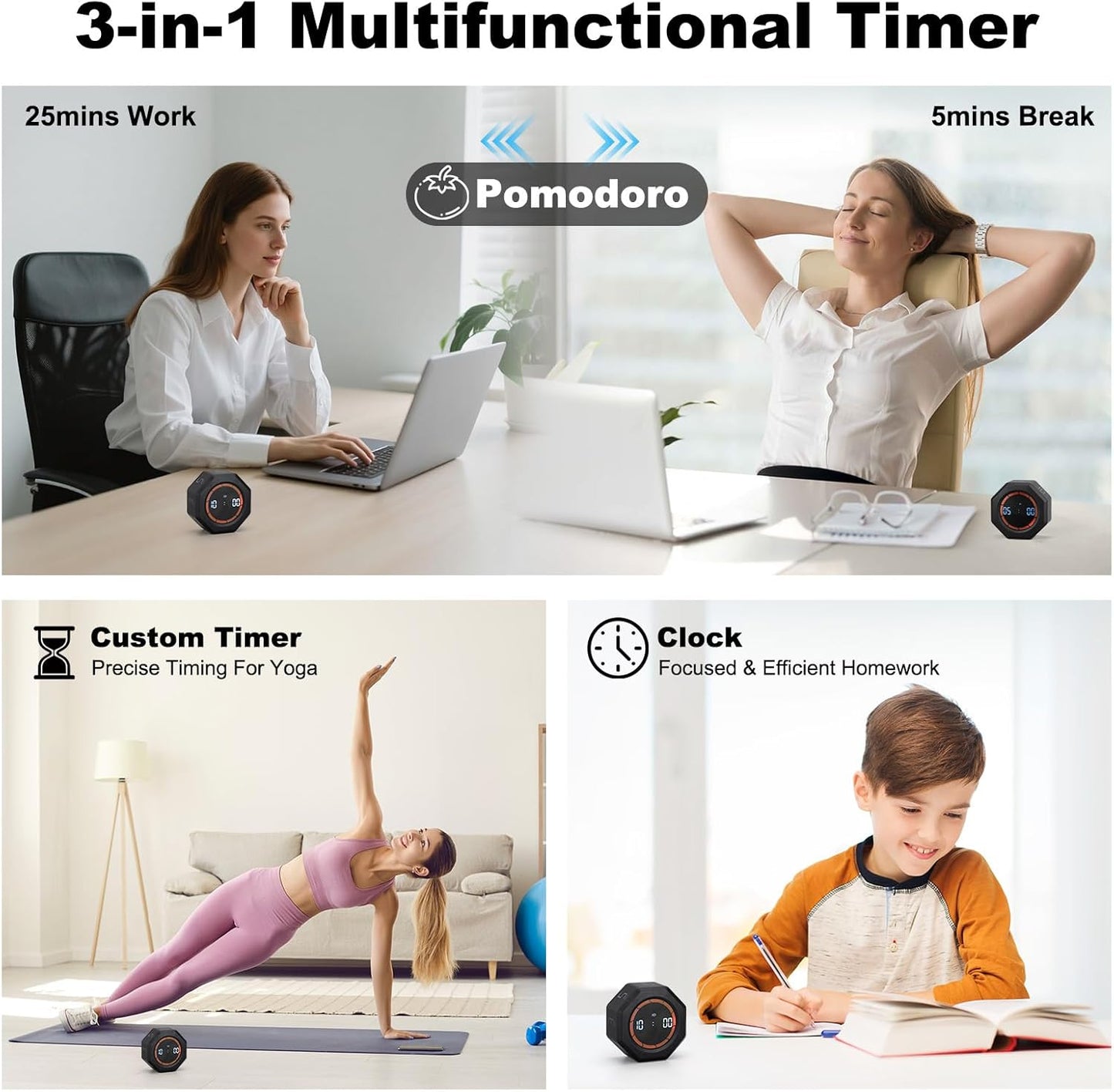 Small Productivity Timer - Pomodoro Timer with 3/5/10/25/60 Min Presets & Custom Countdown | Magnetic Rechargeable Digital Clock for Desk, Study and Games (White)