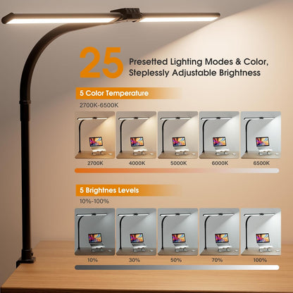 SIBRILLE LED Desk Lamp for Home Office - Dimmable Computer Desk Light with Clamp, Modern Architect Task Lamp with Color Changing, Flexible Desktop Lamp with Gooseneck for Monitor, Double Head, White