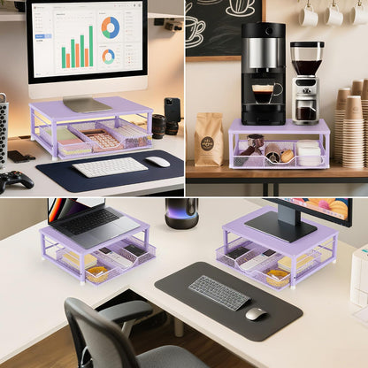 Wood Metal Monitor Stand Riser, Laptop Stand for Desk, Office Desk Organizer and Accessories, Computer Desktop Shelf with Drawer and Pen Holder, Printer Stand for Home, Office, Dorm (Natural Wood)