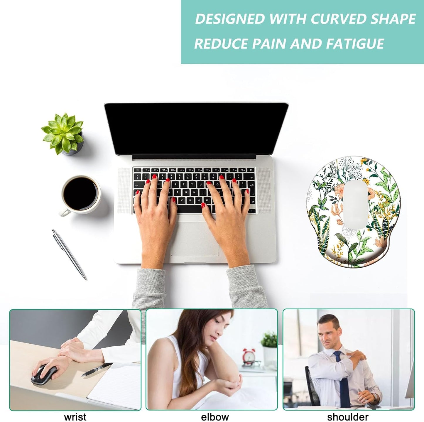 Mouse Pad with Wrist Support, Ergonomic Mouse Pad with Memory Foam Wrist Rest Cushion, Non-Slip Rubber Base Gaming Mice Pad for Home Office Computer Laptop, Flowers Grass