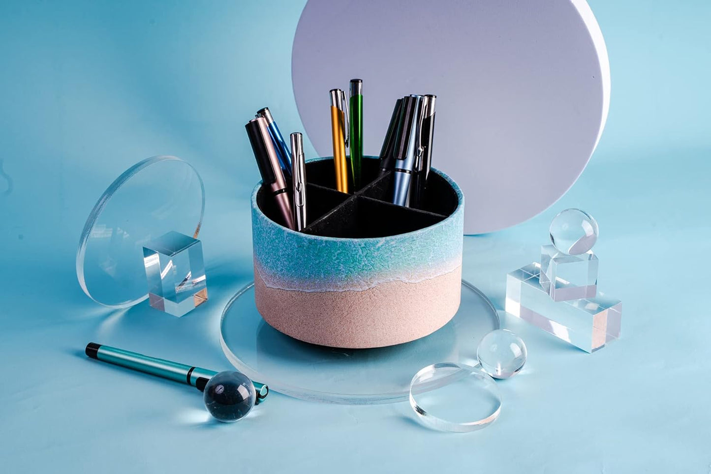 Round Leather Art Supply Organizer,Remote Control Holder,360 Degree Rotating,Multi-Functional Pencil Holder,4 Compartments Desktop Stationary Organizer(1-Fractal Flower) | Round - Colors C