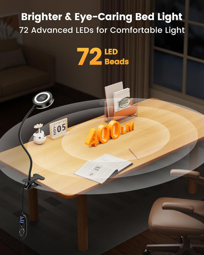 Glocusent 72 LED Clip on Lamp with Remote, Reading Light with Amber Ring, 3 Colors & 5 Dimmable Bed Lamp, 30/60-Min Auto Off Timer, Clamp Light for Headboard/Dorm/Bunk (Black)