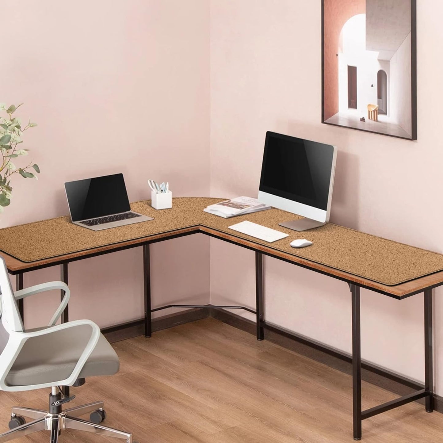 MAIDERN (51” + 51”) x 15.7” L Shaped Corner Desk Mat, Cork & Leather Reversible Desk Pad for Gaming Computer Office Home (Black) …