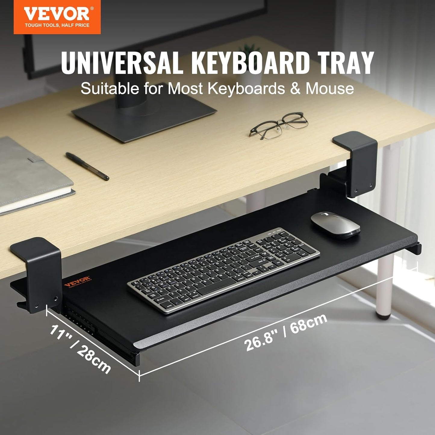 VEVOR Under-Desk Keyboard Tray, Adjustable for Height and Tilt, Slide-Out Design, Spacious 25x9.8 Inch Surface, Ideal for Home and Office Use