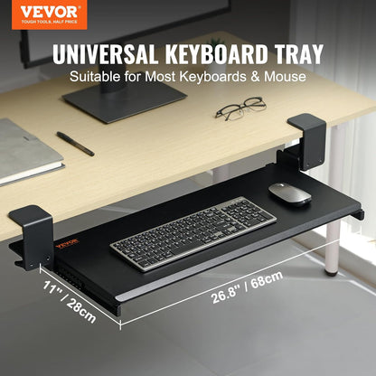 VEVOR Under-Desk Keyboard Tray, Adjustable for Height and Tilt, Slide-Out Design, Spacious 25x9.8 Inch Surface, Ideal for Home and Office Use