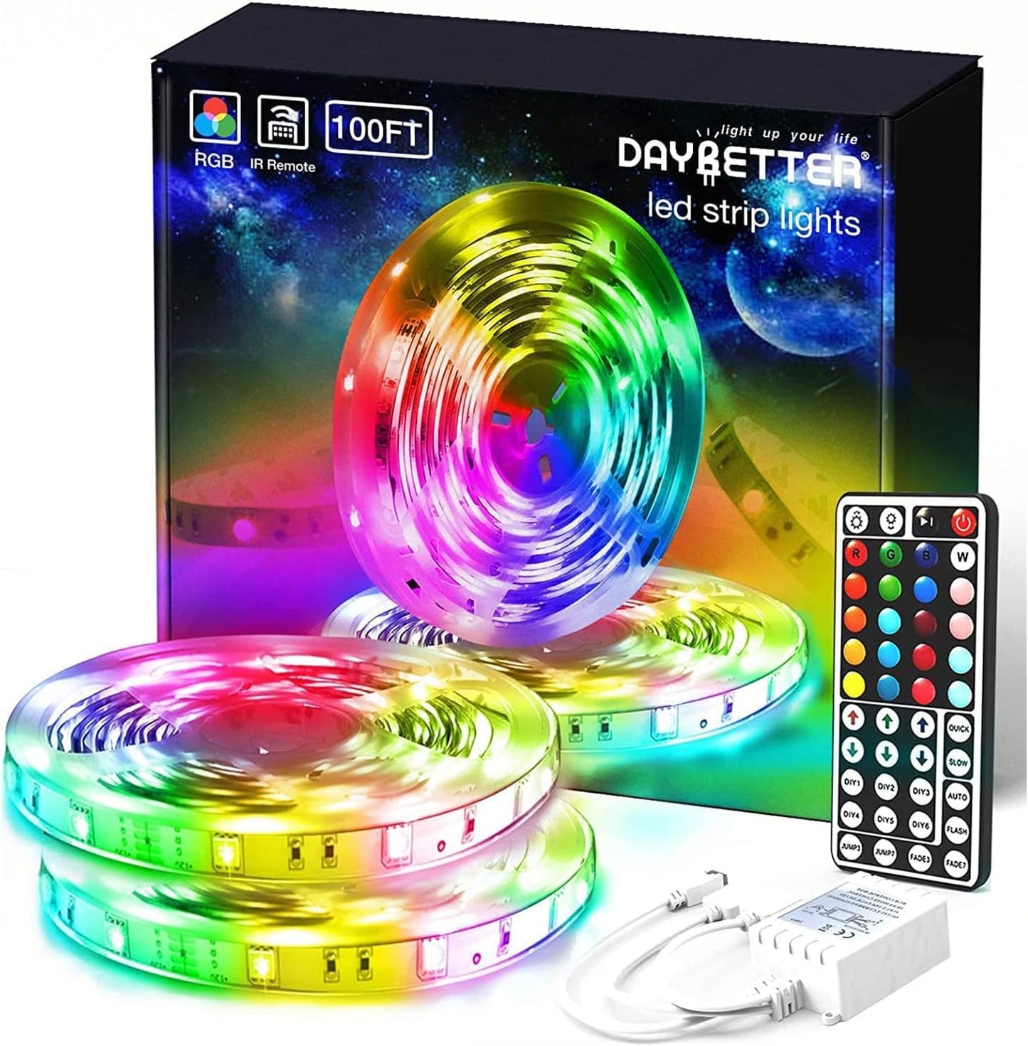 DAYBETTER Led Strip Lights 32.8ft Kit with Remote and Power Supply Color Changing