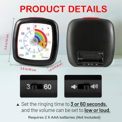 Secura 60-Minute Visual Timer, Silent Study Timer for Kids and Adults, Time Clocks, Time Management Countdown Timer for Teaching (Black & Cloud)