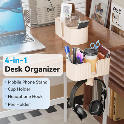 4 in 1 Desk Cup Holder with Storage — Clamp-On Under Desk Cup Holder & Rotating Headphone Hanger, Built-in 2 Wire Holes, Detachable Storage Compartment for Cups, Phones & Pens Desktop Accessories
