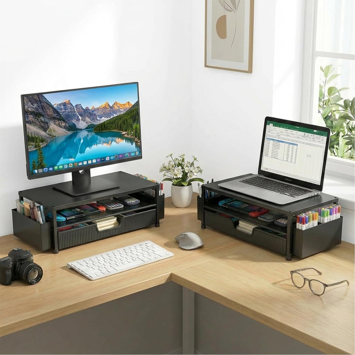 ECOLOVI Desk Organizer and Accessories, 2-Tier Computer Monitor Stand Rise with Storage Drawer & 2 Pen Holders, Laptop & Printer Stand for Desktop, Workspace Organizers for Office Supplies (Brown)