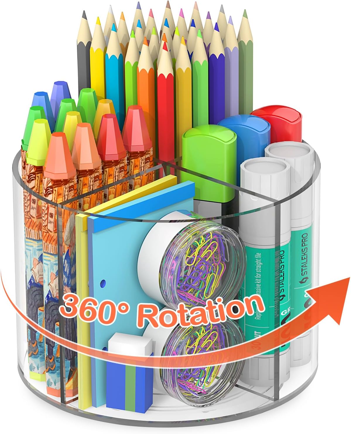 Mefirt Acrylic Pen Holder, 360 Degree Rotating Pen Organizer, Rotating Desk Acrylic Office Organizer with 6 Compartments, Marker Organizer for Kid, Crayon Caddy School Art Supply Storage Organizer