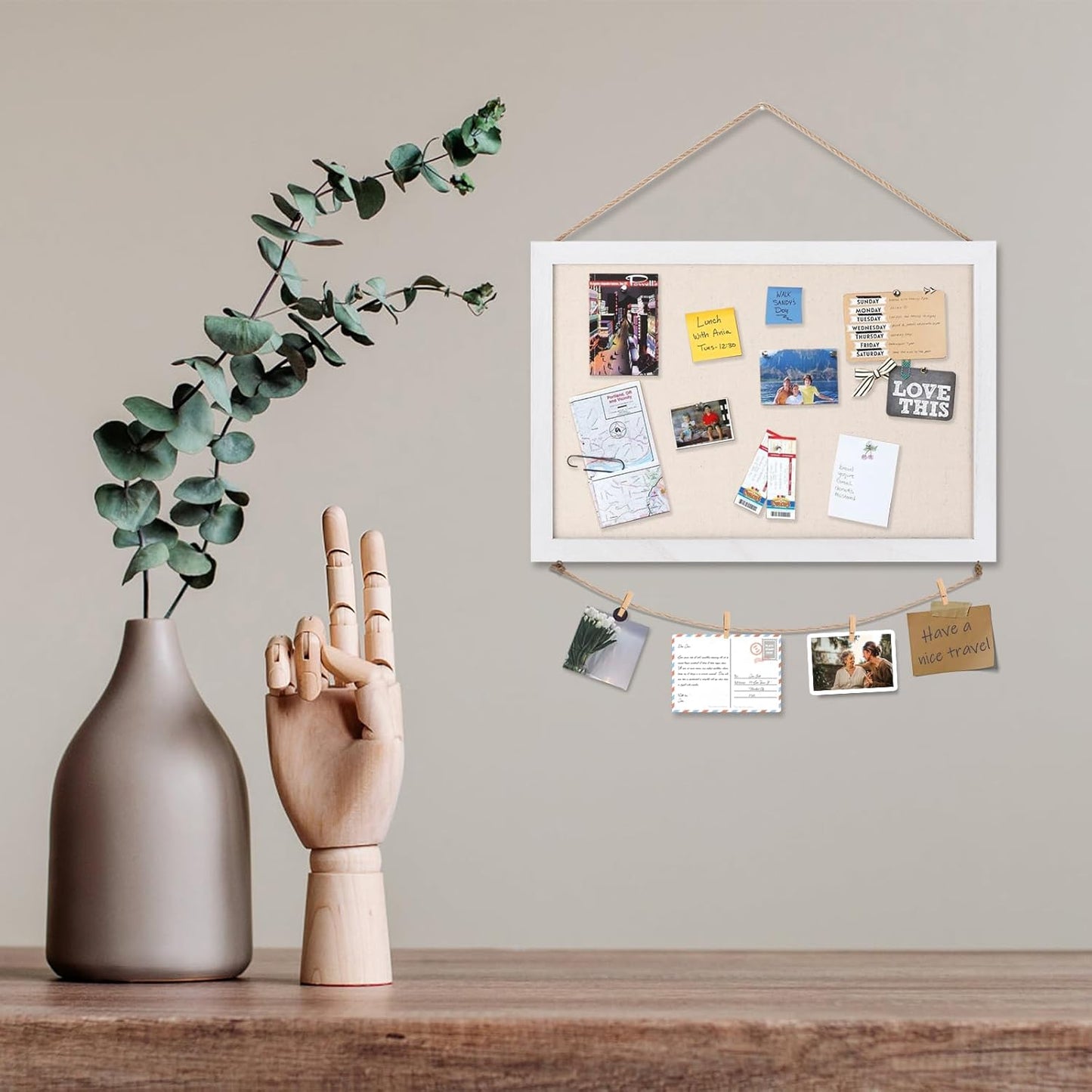 Emfogo Cork Board Vision Board, 16 "x11 White Linen Cork Boards for Walls with Frame, Pin Board Bulletin Board for Home Kitchen School Office Decor
