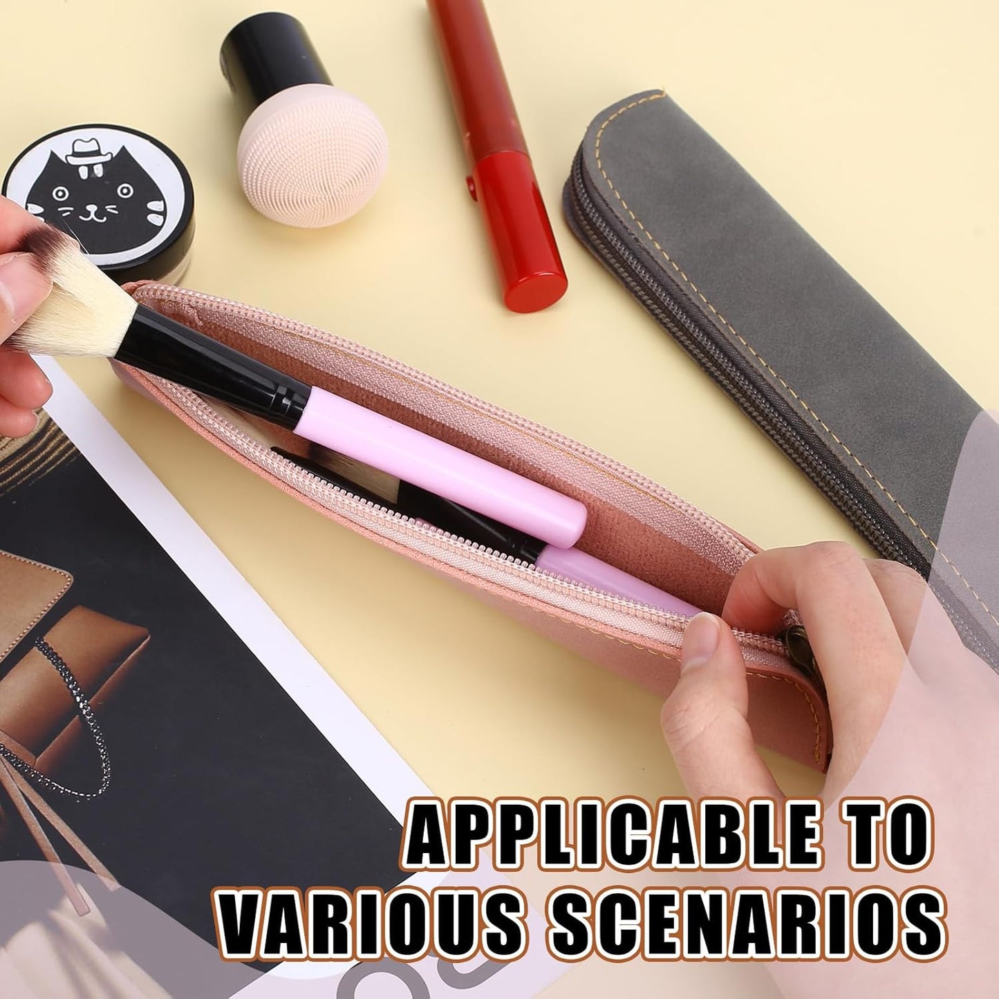 Psyqtsuary Leather Pencil Case, 2 Pcs Slim Small Pencil Pouch Portable Flat Pen Pouch with Zipper Simple Makeup Bag Lipstick Case for Women Men Home, Office, Travel Outdoor (Black, Claret)