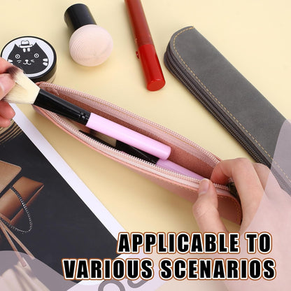 Psyqtsuary Leather Pencil Case, 2 Pcs Slim Small Pencil Pouch Portable Flat Pen Pouch with Zipper Simple Makeup Bag Lipstick Case for Women Men Home, Office, Travel Outdoor (Black, Claret)