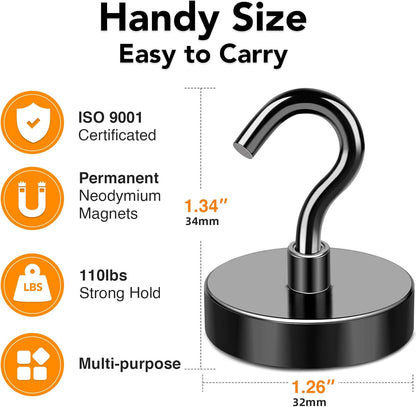 MIKEDE Black Magnetic Hooks 85Lbs Heavy Duty Earth Magnets with Hooks for Cruise Cabin Strong Magnet Hooks for Hanging Super Metal Magnetic Hanger for Grill Fridge Kitchen - Pack of 10