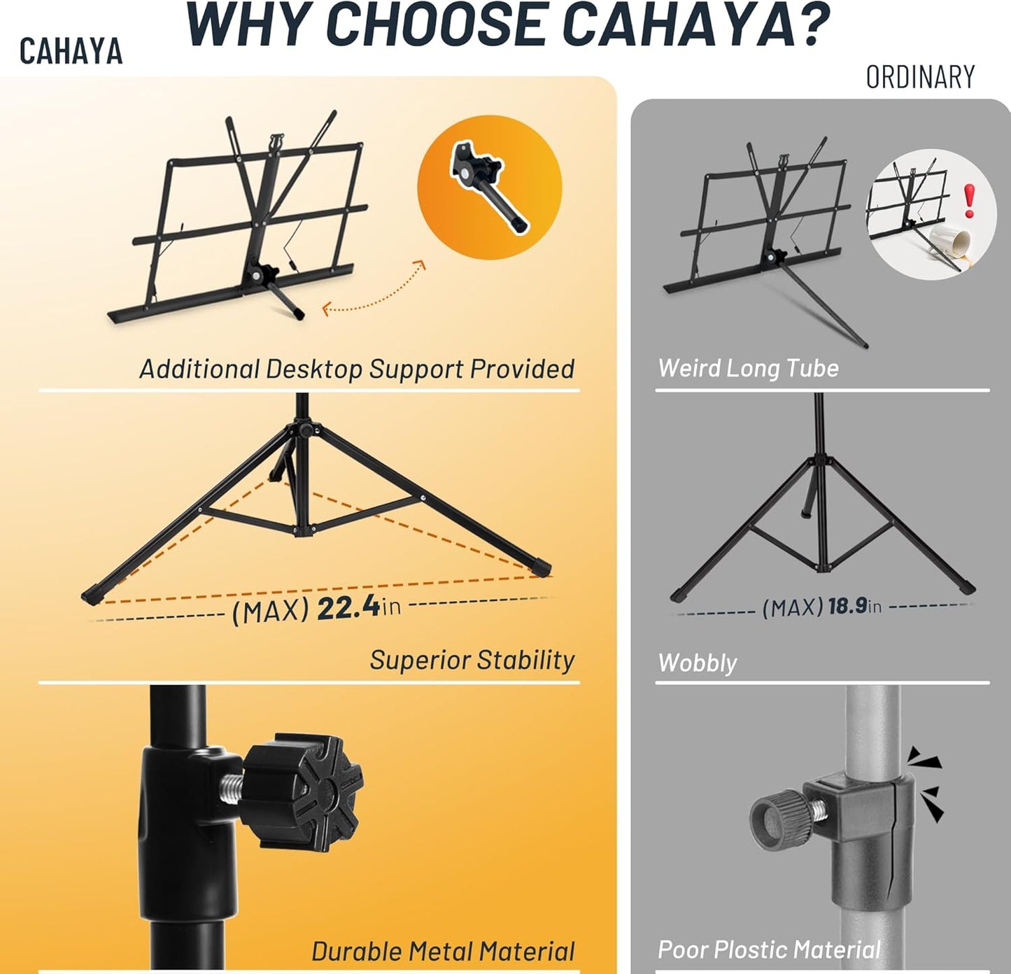 CAHAYA Portable Sheet Music Stand: Dual Use Desktop Book Holder Folding Lightweight Extra Stable Reinforced with Carrying Bag and Clip for Students Musicians Height Adjustable up to 54.3" CMS0204