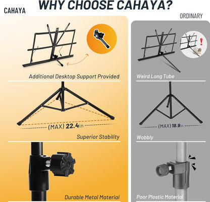 CAHAYA Portable Sheet Music Stand: Dual Use Desktop Book Holder Folding Lightweight Extra Stable Reinforced with Carrying Bag and Clip for Students Musicians Height Adjustable up to 54.3" CMS0204