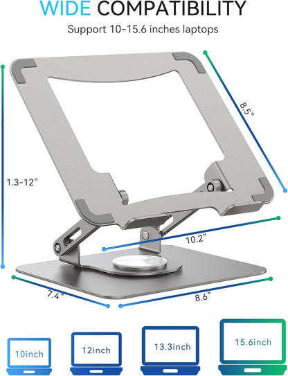 SOUNDANCE 360 Rotating Laptop Stand, Ergonomic Computer Riser for Desk, Adjustable Height Multi-Angle Metal Holder, Foldable Portable Notebook Elevating Base for Office & Home, White