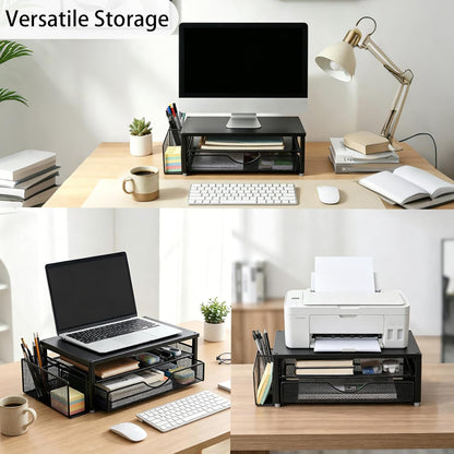 Spacrea Desk Organizer and Accessories, Computer Monitor Stand Riser with Drawer and 2 Pen Holders, Office Desk Accessories & Workspace Organizers for Office Supplies (Wood)