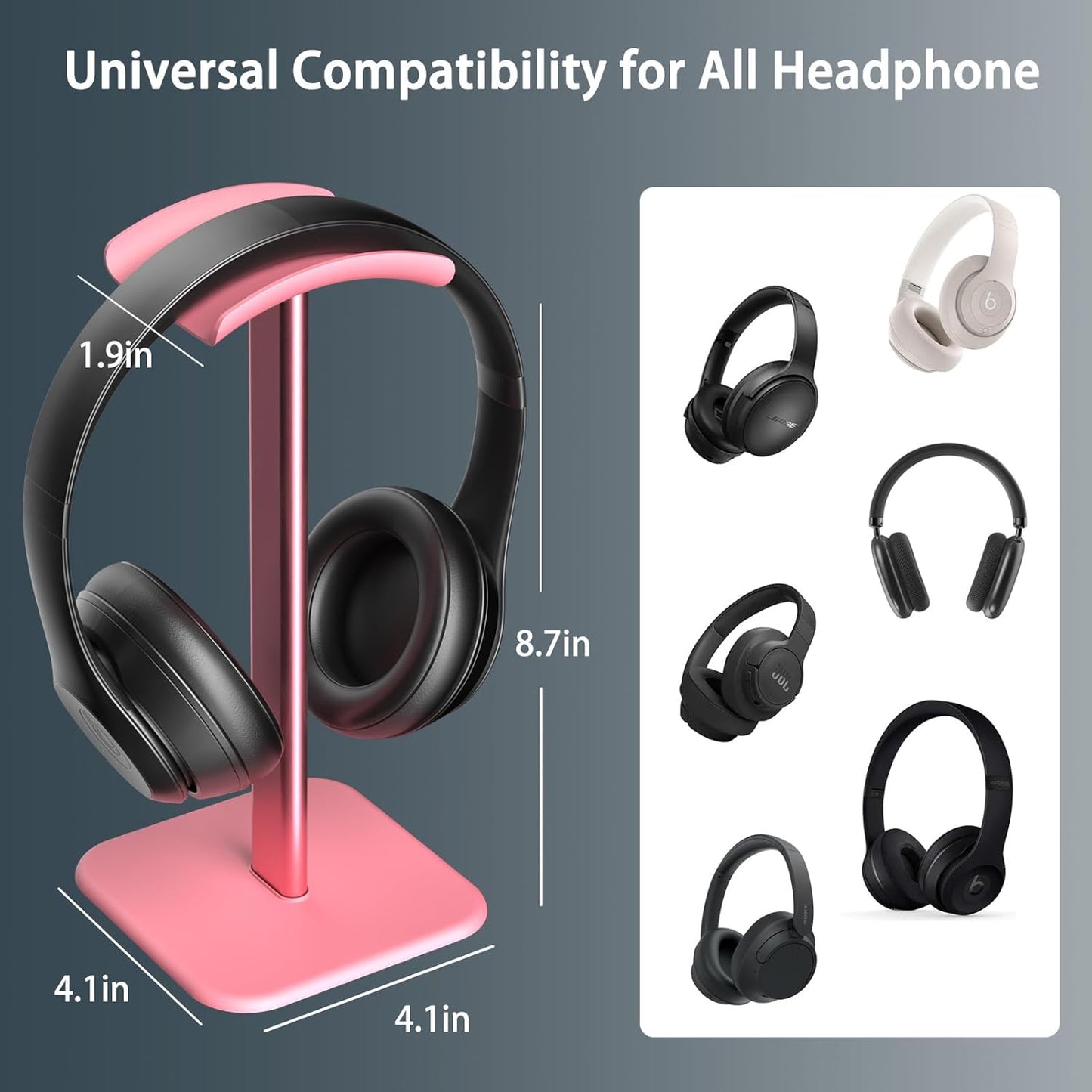 Headphone Stand for Desk - Headset Stand with Aluminum Hanger and Plastic Headrest, Headphone Holder for AirPods Max, Sony, Bose, Beats and More (Black)