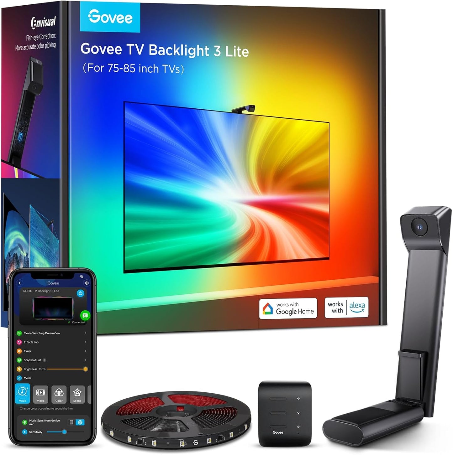 Govee TV Backlight 3 Lite with Fish-Eye Correction Function Sync to 40-50 Inch TVs, 7.8ft RGBICW Wi-Fi LED Strip Lights with Camera, 4 Colors in 1 Lamp Bead, Voice and APP Control, Adapter