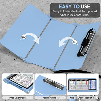 Nursing Clipboard Foldable, Foldable Clipboard w/Nursing Edition Cheat Charts,3 Layers Aluminum, Nurse Clip Board w/Low Profile Clip&Pen Clip Pocket for Nurses and Doctors,Light Blue