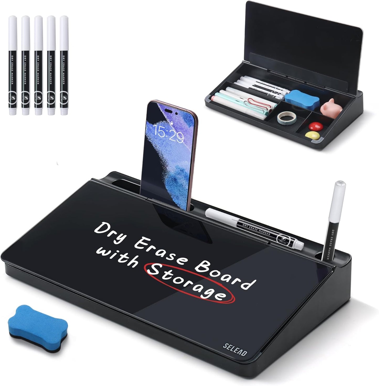SELEAD Desktop Glass Whiteboard with Wireless Charger Station, Dry Erase Board Computer Pad Keyboard Stand with Organizer for Home, School, Office Desk Accessories, Black