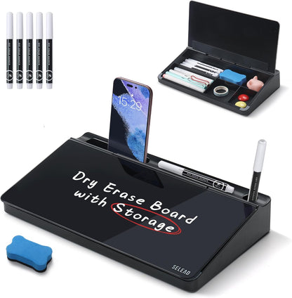 SELEAD Desktop Glass Whiteboard with Wireless Charger Station, Dry Erase Board Computer Pad Keyboard Stand with Organizer for Home, School, Office Desk Accessories, Black